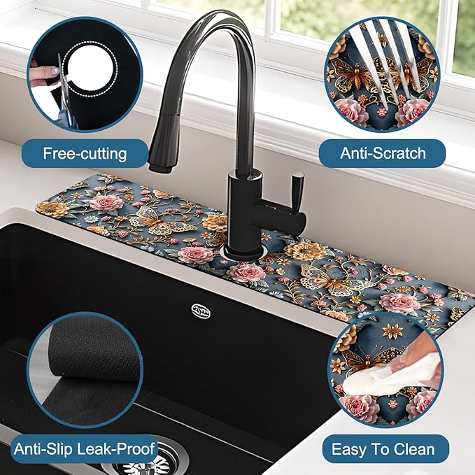 Gold Butterfly Kitchen Sink Splash Guard Faucet Mat Pink Floral Super Absorbent - Image 4