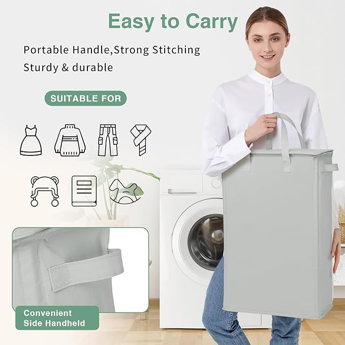 Slim Laundry Basket with Lid and Handles, Foldable Laundry Basket - Image 4