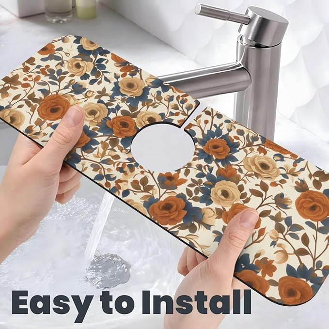 Faucet Draining Mat For Kitchen Sink, Peony Flower Blue Leaves Diatom Mud - Image 5