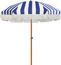 AMMSUN 7ft Patio Umbrella with Fringe Outdoor Tassel Umbrella UPF50+ Wood Color Steel Pole and Steel Ribs Push Button Tilt, Navy Stripe by AMMSUN