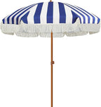 AMMSUN 7ft Patio Umbrella with Fringe Outdoor Tassel Umbrella UPF50+ Wood Color Steel Pole and Steel Ribs Push Button Tilt, Navy Stripe by AMMSUN