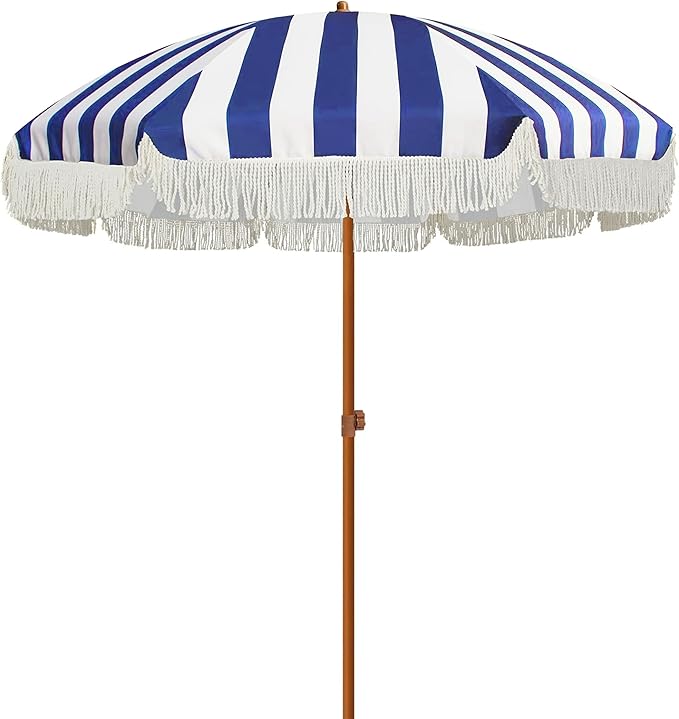 AMMSUN 7ft Patio Umbrella with Fringe Outdoor Tassel Umbrella UPF50+ Wood Color Steel Pole and Steel Ribs Push Button Tilt, Navy Stripe by AMMSUN