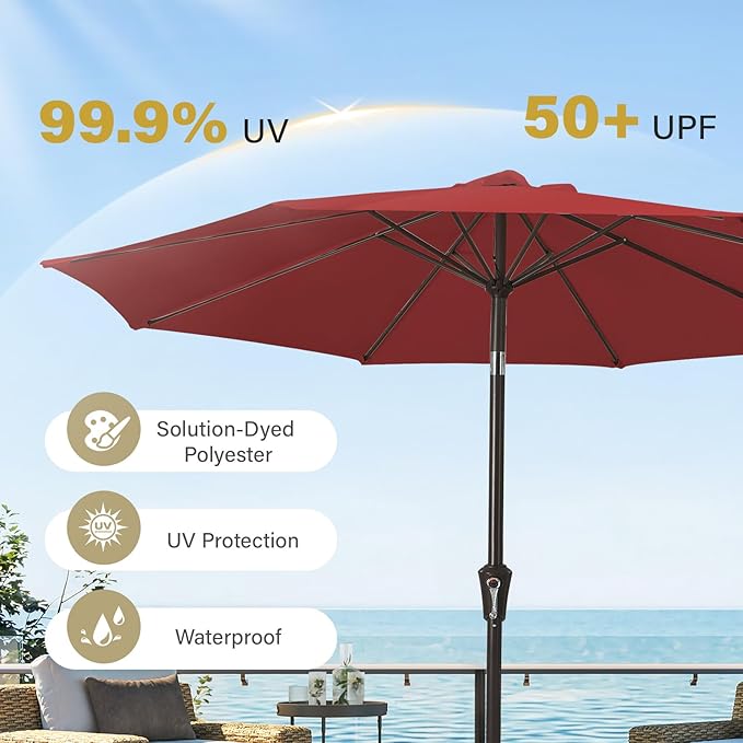 MEWAY 9ft Patio Umbrella Outdoor Table Umbrellas with Push Button Tilt and Crank, Market Umbrella 8 Sturdy Ribs for Deck, Garden, Pool and Backyard, Red - Image 5
