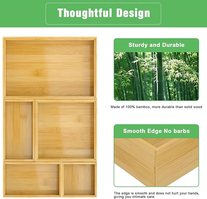 Bamboo Bathroom Drawer Organizer Dividers, Wooden Kitchen Utensil Holder Set of - Image 7