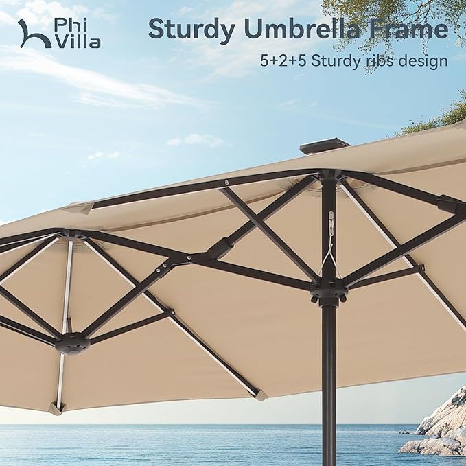PHI VILLA 13ft Patio Umbrella with Solar-Powered 120 PCS LED Color-Changing Lights, Triple-Head Large Rectangle Umbrella Outdoor Patio for Table with Crank Lift,Beige(No Base) - Image 4