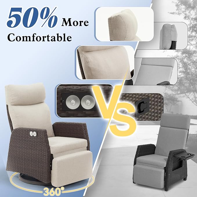 Adjustable Outdoor Recliner Chair with Independent Backrest & Footrest, Patio Swivel Recliner Chair, Wicker Reclining Patio Chair w/Flip-Up Table, Air Pump 155° Lay Flat Chaise Lounge, Beige - Image 5