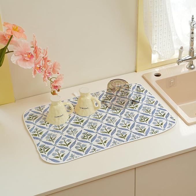 Blue Sage Green Block Print Dish Drying Mats 18x24 Inch Blue Green Vintage - Image 5