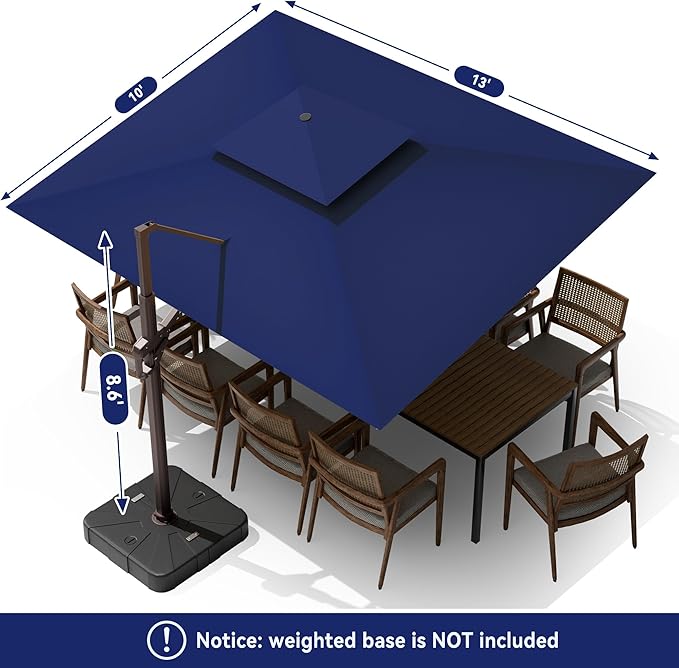 10 X 13 FT Cantilever Outdoor Patio Umbrella with Base Included Large Heavy Duty 360° Rotation Double Top Offset Rectangular Umbrellas with Led Lights for Backyard Outside Deck, NAVY - Image 9