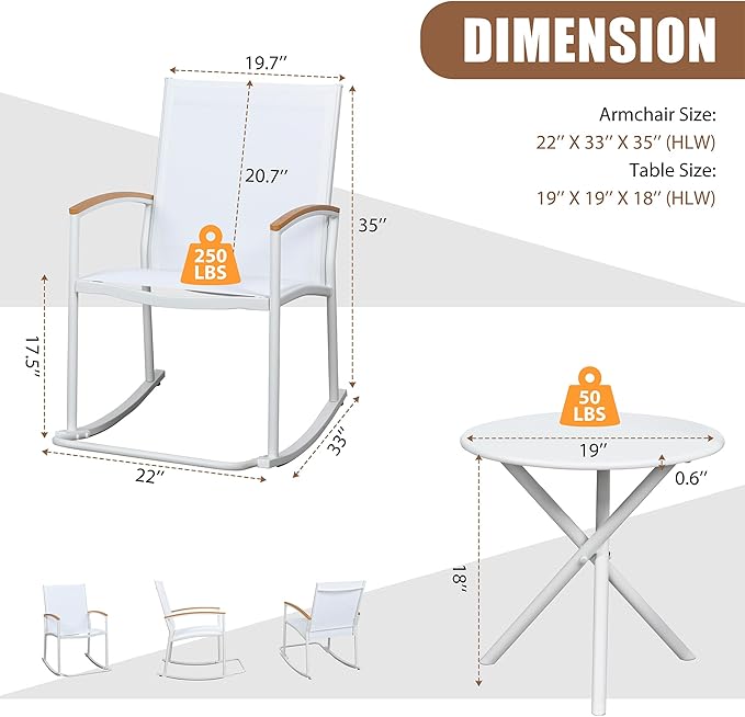 Shintenchi 3 Piece Outdoor Rocking Bistro Set, Textilene Fabric Small Patio Furniture Set, Front Porch Rocker Chairs Conversation Set with Table for Lawn, Garden, Balcony, Poolside (White) - Image 6