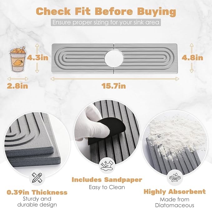 15.7''x4.8''Stone Faucet Mat for Kitchen Sink, Diatomite Quick Dry Kitchen Sink - Image 4