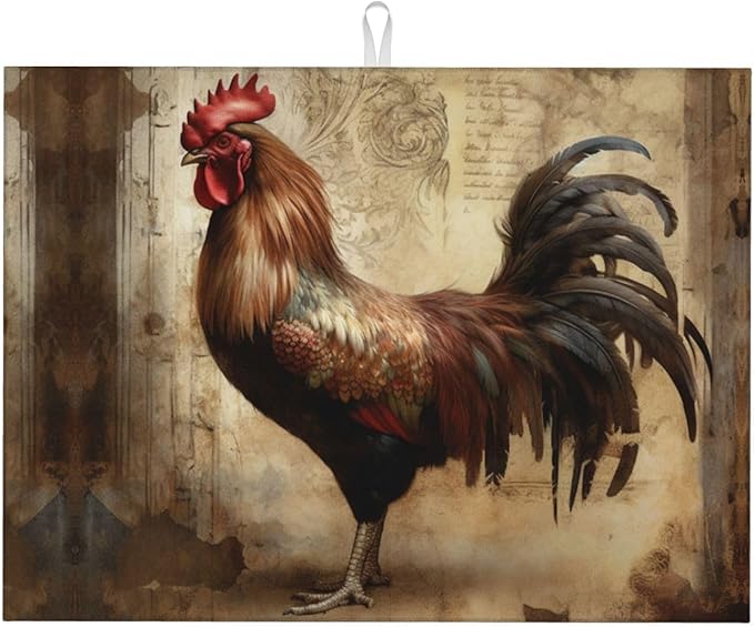 Roosters Dish Drying Mat for Kitchen Counter Protector and Decoration Super by Ovitssrk
