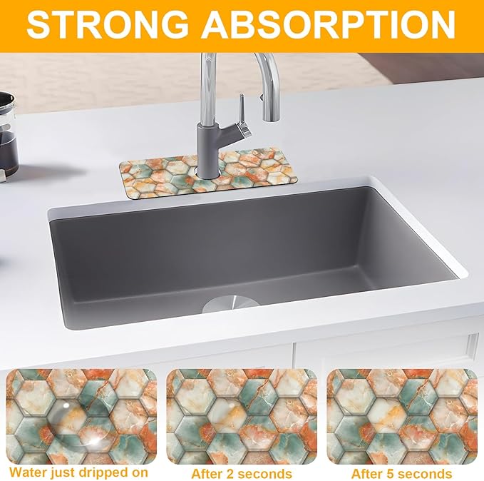 2 Pack Hexagon Marble Sink Splash Guard Faucet Mat Gold Glitter Lines Marble - Image 5