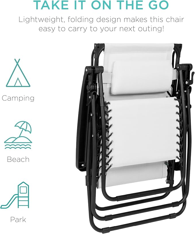 Best Choice Products Folding Zero Gravity Outdoor Recliner Patio Lounge Chair w/Adjustable Canopy Shade, Headrest, Side Accessory Tray, Textilene Mesh - Snow/Black - Image 7