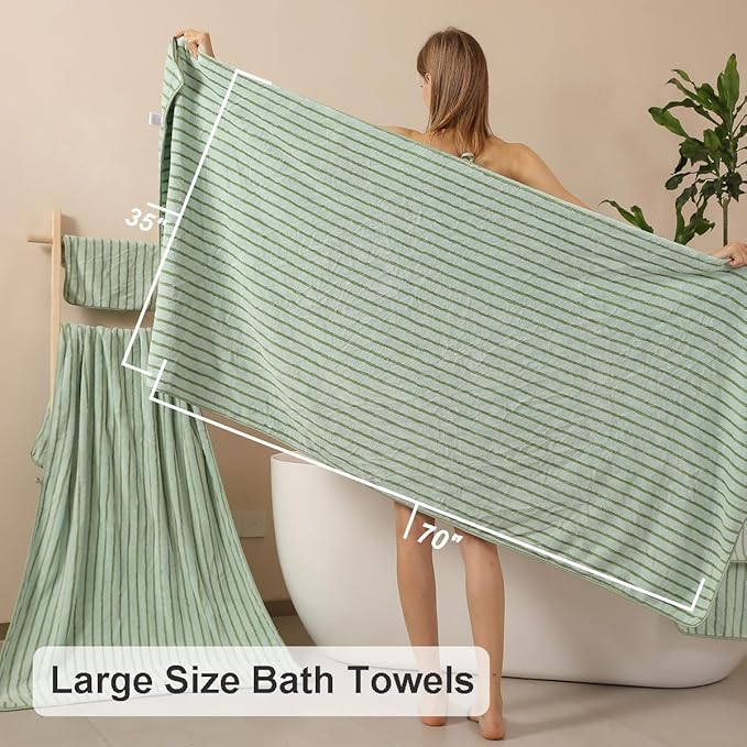 Oliven 4 Piece Green Cabana Stripe Large Bath Towels Oversized Bath Sheet Super - Image 4