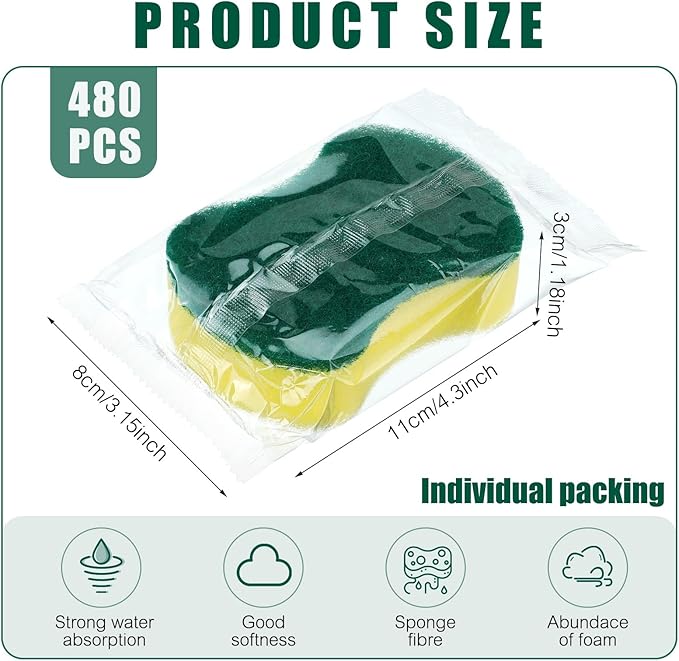 Tanlade 480 Pcs Individually Wrapped Sponges Kitchen Bulk Non Scratch Scouring - Image 2