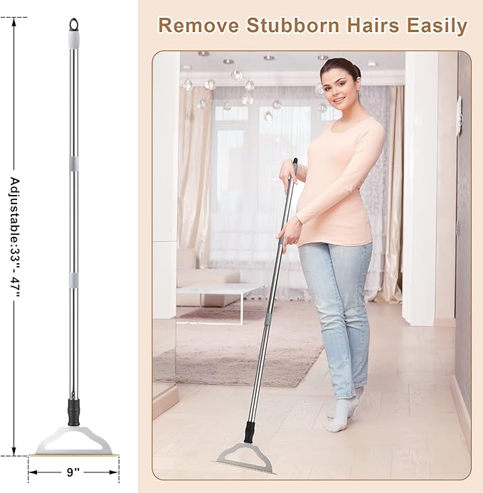 47“ Adjustable Long Handle Carpet Rake Pet Hair Remover, Reusable Large Metal - Image 4