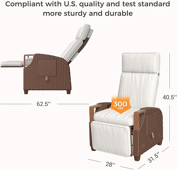 Grand patio Outdoor Recliner with Independent Adjustable Back and Footrest, Air Pump 150° Lay Flat Reclining Chair Removable Olefin Cushion Flip-Up Table Wicker Creamy White 1PC - Image 2