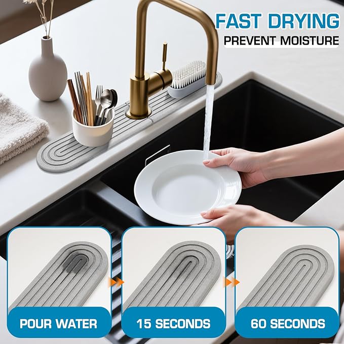 Light Gray-Oval 15.7"Diatomite Kitchen Faucet Mat Stone Sink Tray-Quick Drying - Image 4