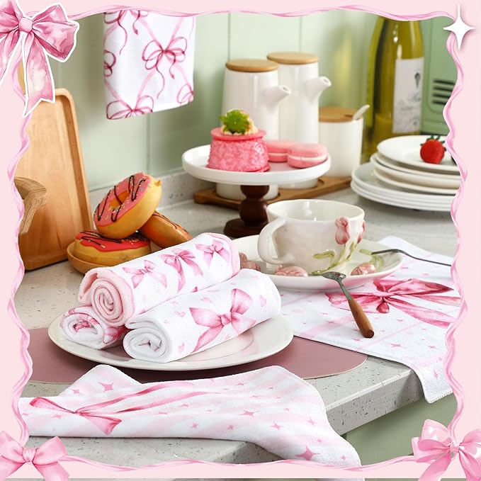 Breling Set of 6 Pink Bow Towels Vintage Pink Dish Towel Bathroom Decorative - Image 2