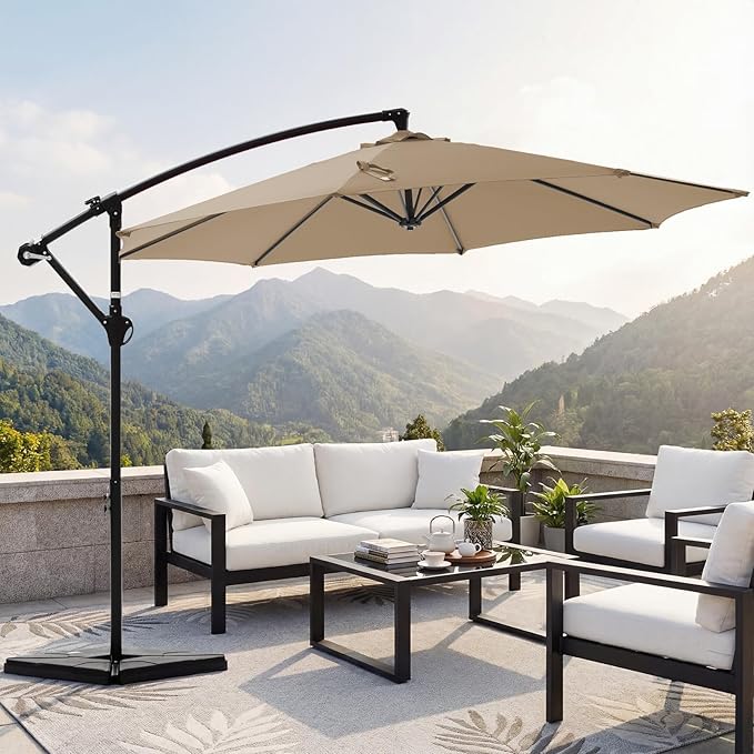 OLIXIS 9.7FT Offset Patio Umbrella with Base, Cantilever Table Umbrellas for Outdoor Sun Shade UV Protection with Easy Tilt Adjustment, 8 Ribs for Backyard, Lawn, Garden, Pool - Khaki - Image 7