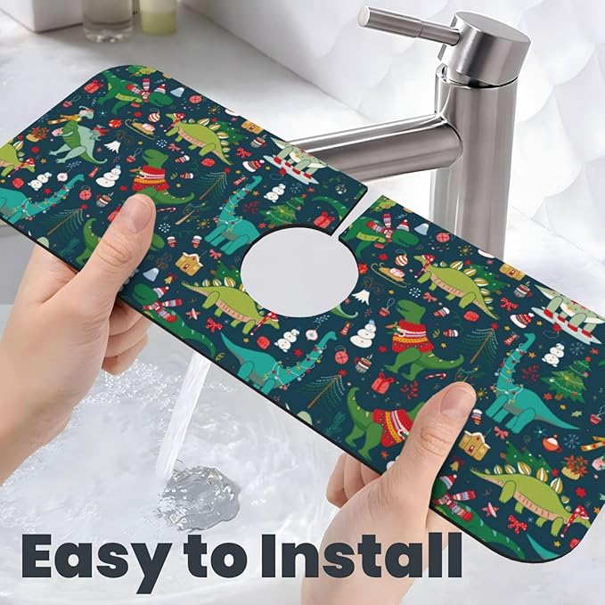 Christmas Dinosaur Tree Xmas Green Kitchen Sink Splash Guard Faucet Mat 1 Pcs - Image 6