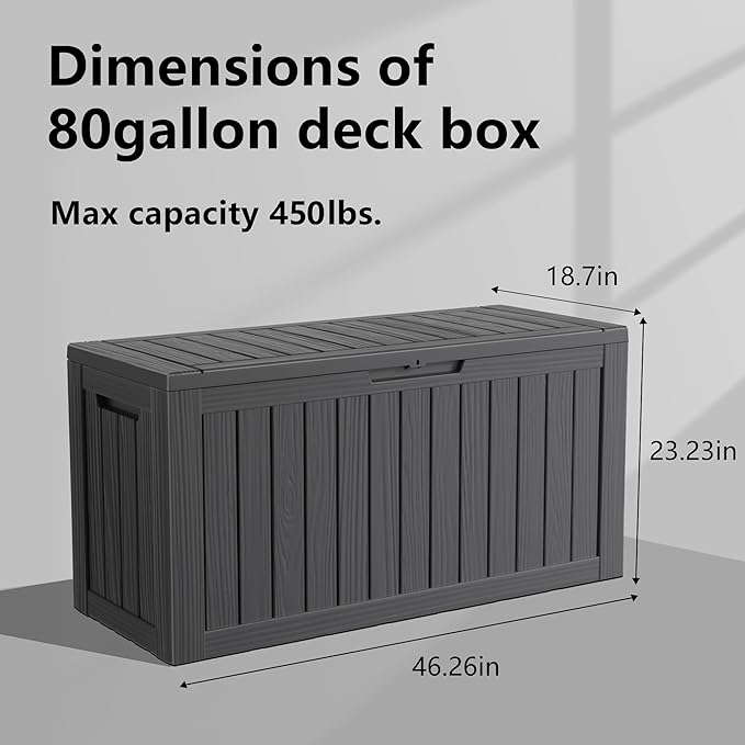 80 Gallon Outdoor Deck Box, Lockable Waterproof Outdoor Storage Boxes For Garden Tools,Indoor Cushions,Accessories Outside Storage Resin Weatherproof Container(Black) - Image 6
