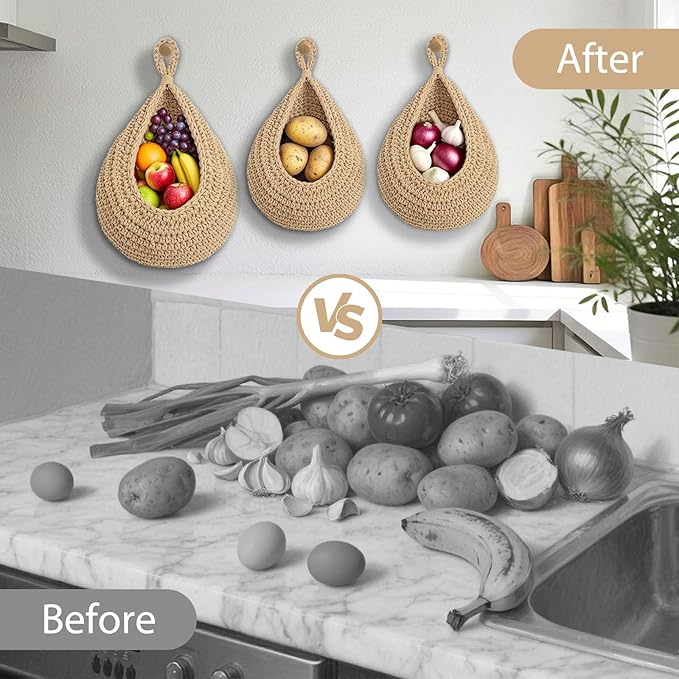 Halidali Hanging Fruit Baskets for Kitchen, 3 Pack Boho Cotton Rope Handwoven - Image 4