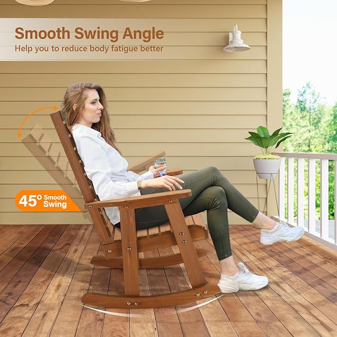VINGLI Wooden Rocking Chair with High Backrest, Solid Fir Wood, Heavy Duty 600 LBS Patio Rockers for Indoor and Outdoor, Garden, Yard, Patio - Image 4