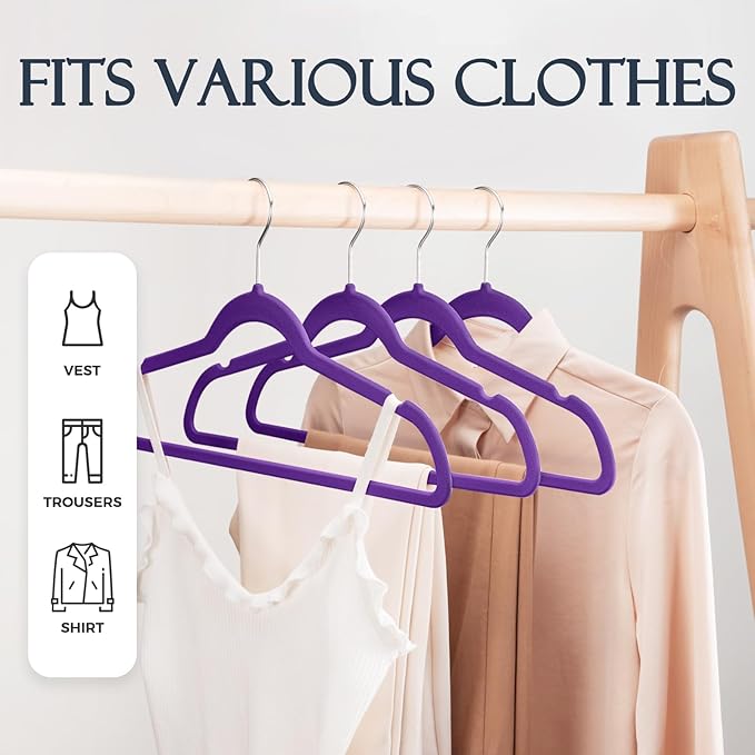 HOUSE DAY Noble-Purple Velvet Hangers 60 Pack, Non Slip Clothes Felt Hanger - Image 3