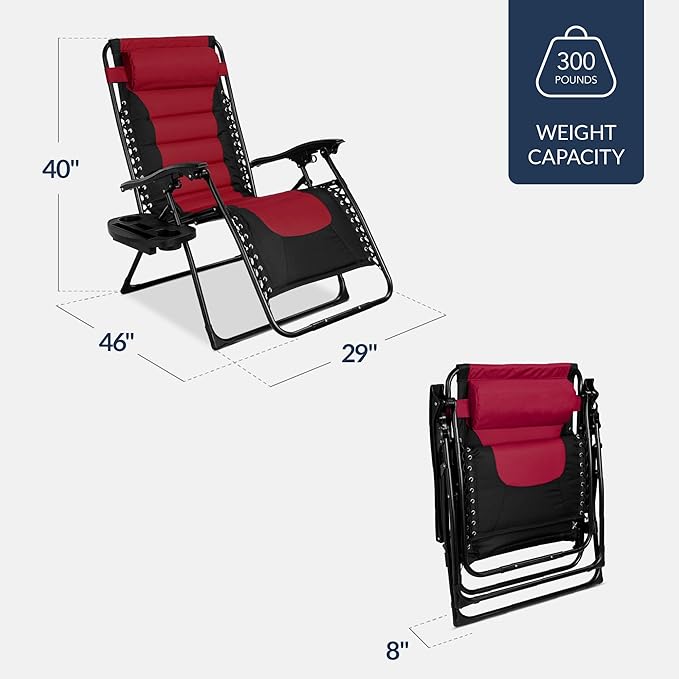 Best Choice Products Oversized Padded Zero Gravity Chair, Folding Outdoor Patio Recliner, XL Anti Gravity Lounger for Backyard w/Headrest, Cup Holder, Side Tray, Polyester Mesh - Burgundy - Image 3
