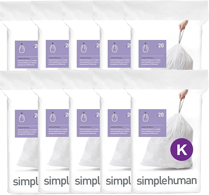 simplehuman Code K 200 Count, Dispenser Pack Custom Fit Liners, Drawstring by Simplehuman
