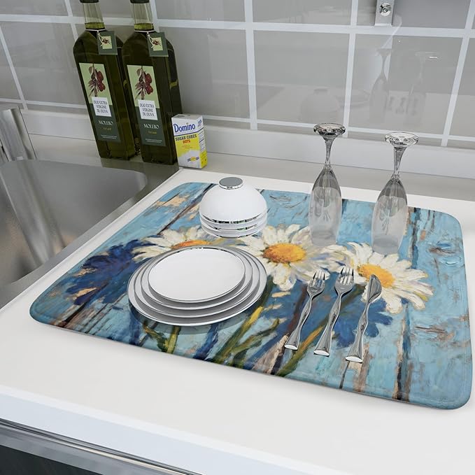 Daisy Floral Dish Drying Mat for Kitchen Counter 18x24 Spring Summer Theme - Image 6
