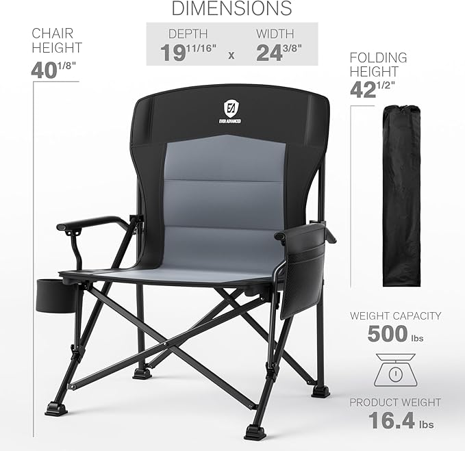 EVER ADVANCED Oversized Folding Camping Chair for Adults, Heavy Duty Lawn Chair with Side Pockets, Portable Collapsible Quad Chair for Outside, Support Up to 500lbs, Black - Image 8
