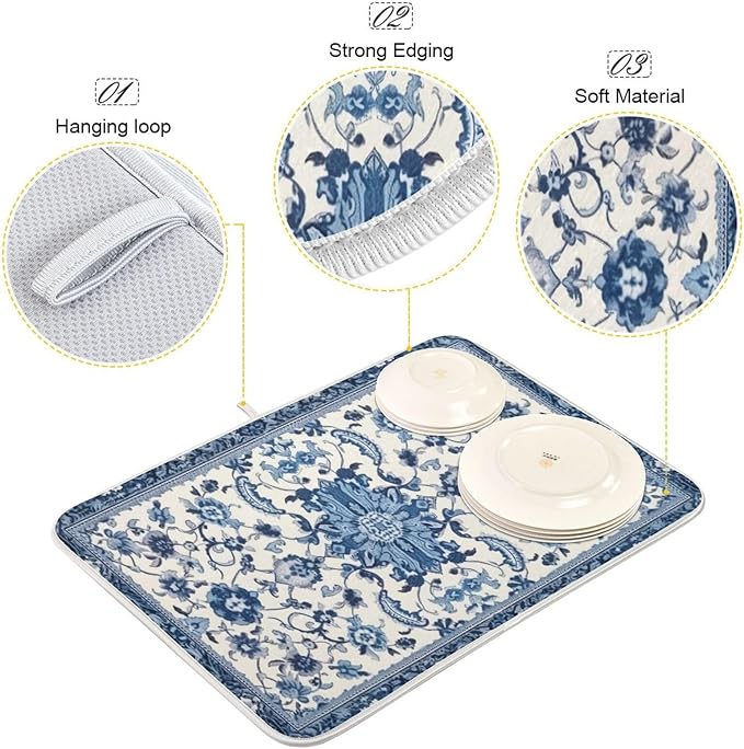 Dish Drying Mat Kitchen Counter Absorbent Blue and White Pattern Coffee Sink - Image 4