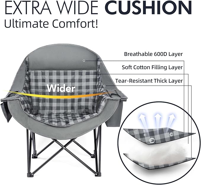 Oversized Camping Chair for Adults - Heavy Duty Outdoor Padded Large Lawn Camp Chair with Cup Holder Cooler Pockets for Sports Beach Fishing Garden Portable Supports 500lbs, Grey 2 Pack - Image 3