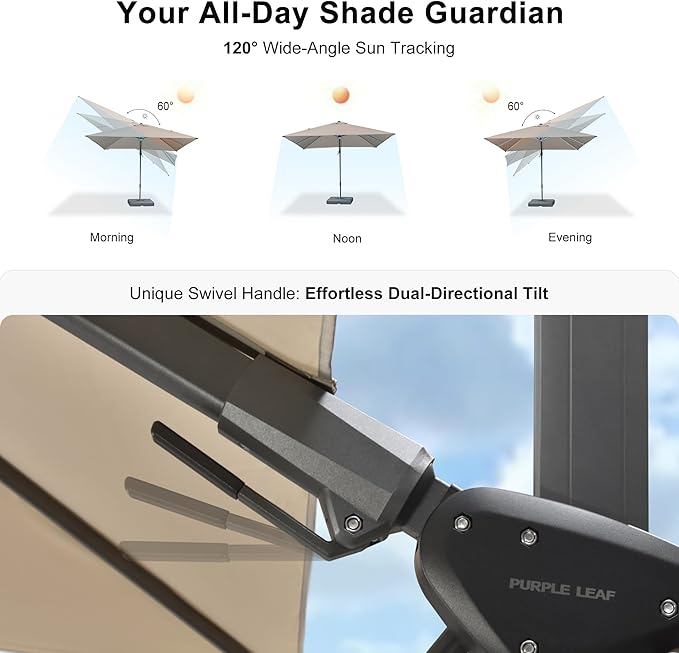 PURPLE LEAF 10 Feet Patio Umbrella with Base Outdoor Cantilever Solar Powered LED Swivel Square Umbrella Aluminum Offset Umbrella with 360-degree Rotation for Garden Deck Pool Patio, Beige - Image 3