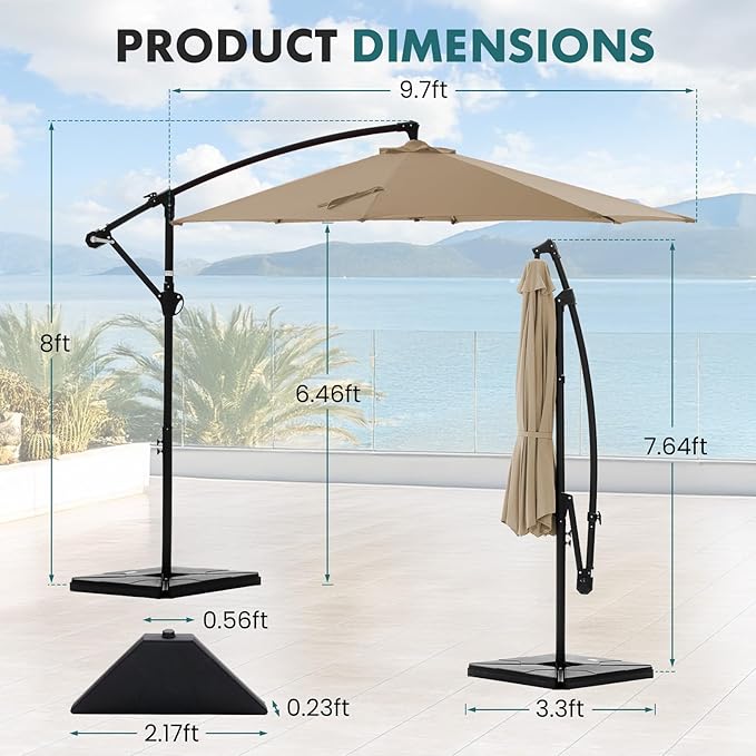 OLIXIS 9.7FT Offset Patio Umbrella with Base, Cantilever Table Umbrellas for Outdoor Sun Shade UV Protection with Easy Tilt Adjustment, 8 Ribs for Backyard, Lawn, Garden, Pool - Khaki - Image 5