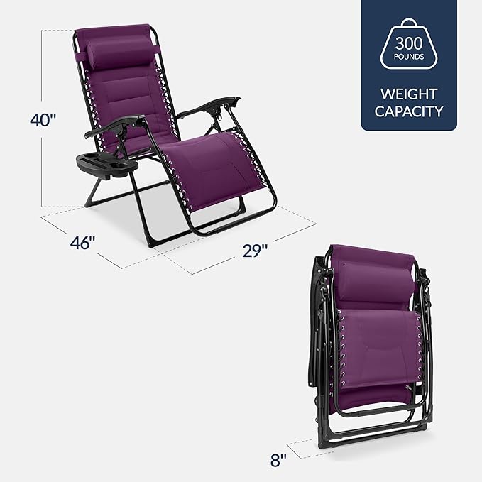 Best Choice Products Oversized Padded Zero Gravity Chair, Folding Outdoor Patio Recliner, XL Anti Gravity Lounger for Backyard w/Headrest, Cup Holder, Side Tray, Polyester Mesh - Amethyst Purple - Image 2