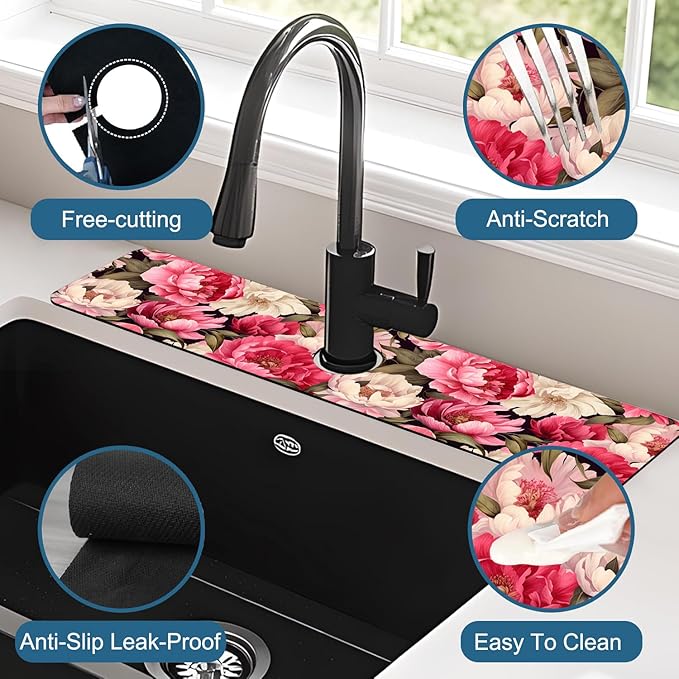 Garden Flowers Kitchen Sink Splash Guard Faucet Mat Watercolor Peonies Super - Image 4