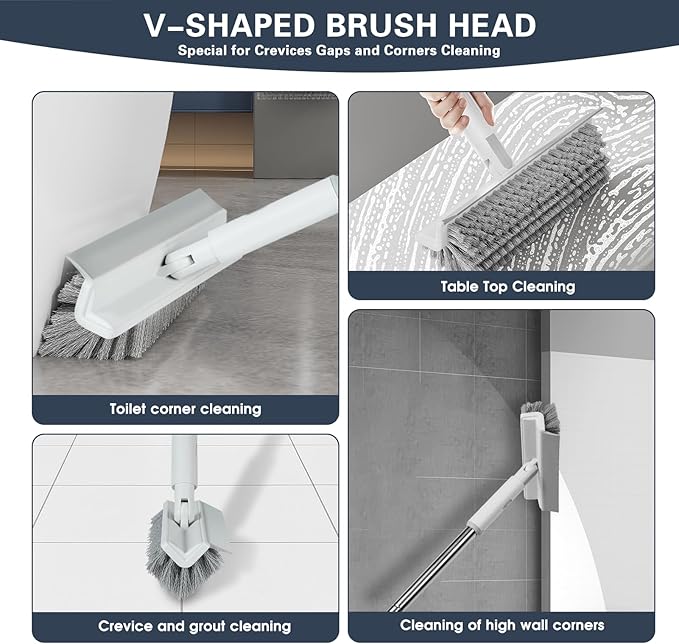 Floor Scrub Brush with Long Handle, 2 in 1 V-Shape Grout Brush with Squeegee + - Image 4