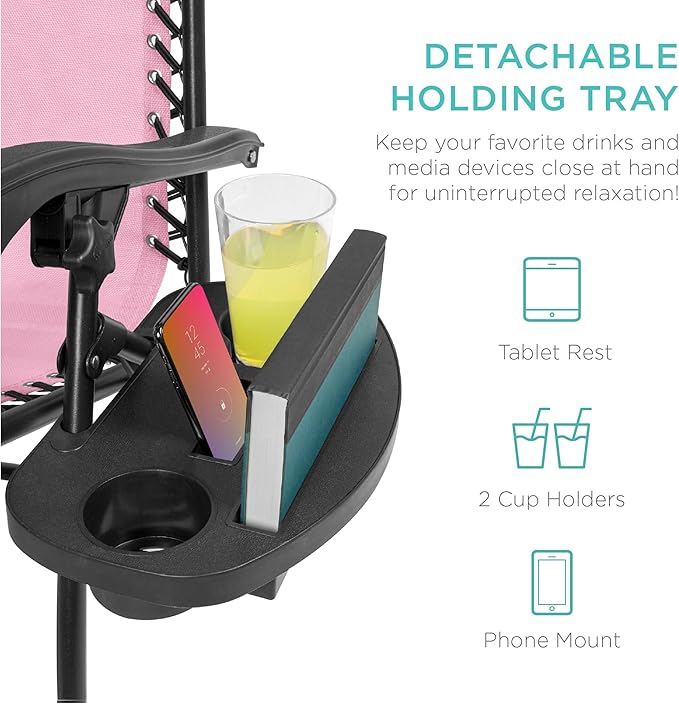 Best Choice Products Set of 2 Adjustable Steel Mesh Zero Gravity Lounge Chair Recliners w/Pillows and Cup Holder Trays - Bubblegum Pink/Black - Image 5