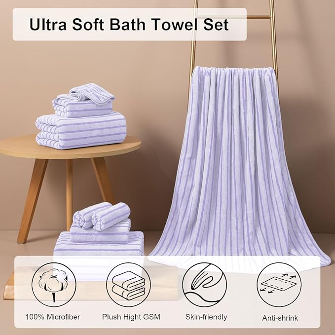Oliven 8 Pcs Purple Cabana Stripe Large Bath Sheet Set Oversized Bath Towel-2 - Image 2