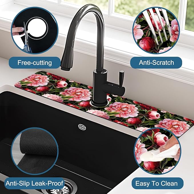 Blooming Peony Sink Splash Guard Pink Peony Flowers Faucet Absorbing Mat Fast - Image 4