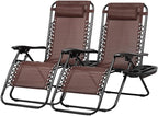 Nazhura Set of 2 Relaxing Recliners Patio Chairs Adjustable Steel Mesh Zero Gravity Lounge Chair Beach Chairs with Pillow and Cup Holder Khaki (Brown) by NazhuraGoodCompanionAtHome
