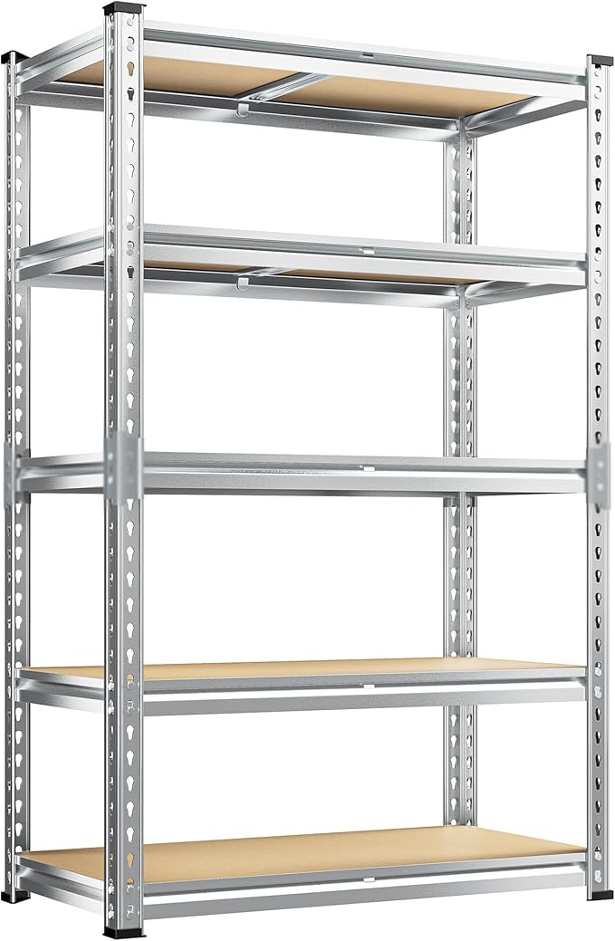 REIBII Garage Shelving, 5 Tier Storage Shelves Load 2400LBS, Adjustable Garage Shelves Heavy Duty, Metal Shelving Unit with Waterproof Columns for Warehouse, 35.5" W x 11.9" D x 72" H, Galvanized by REIBII