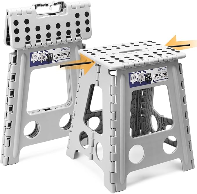 Delxo 16 Inch Folding Step Stool,Foldable Stool for Adults,Portable Collapsible Plastic Stepstool,Non Slip Folding Stools for Kitchen Bathroom Bedroom Garden Up to 400LBS,(Grey 1PC) by Delxo