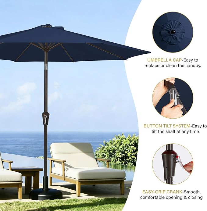 MEWAY 9ft Patio Umbrella Outdoor Table Umbrellas with Push Button Tilt and Crank, Market Umbrella 8 Sturdy Ribs for Deck, Garden, Pool and Backyard, Dark Blue - Image 6