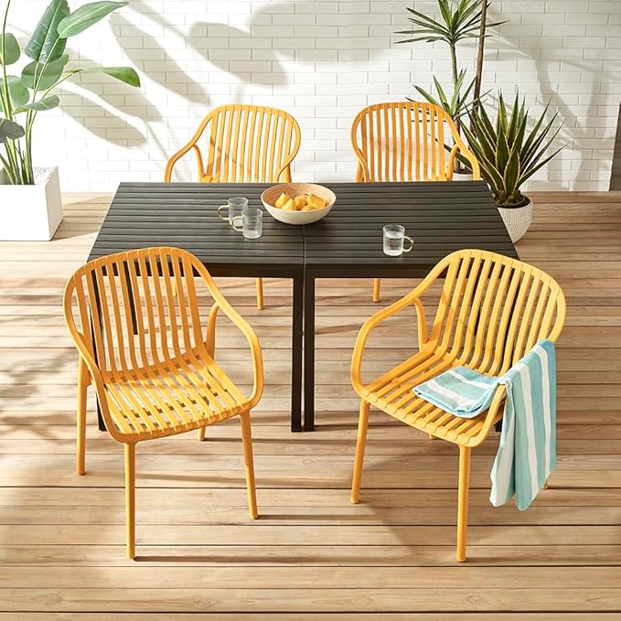 Modern Stackable Outdoor & Indoor Plastic Dining Chairs Set, Armchairs Set, Weather-Resistant, Ideal for Patios, Cafes, and Home Use, Set of 4 (Mustard Yellow) - Image 5