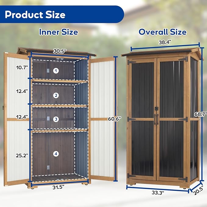 Outdoor Storage Cabinet Weather-Resistant, Wood & Metal Storage Shed with 3 Removable Shelves, Waterproof Roof, Adjustable Feet, Patio Storage Cabinet Outside for Garden Garage Backyard Pool - Image 2
