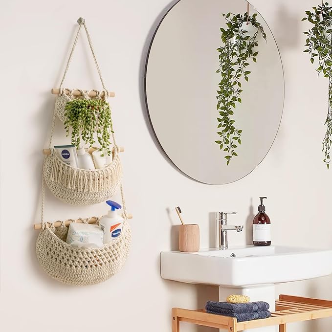 Hanging Fruit Basket, 3 Tier Over The Door Organizer, Handmade Woven Cotton - Image 4